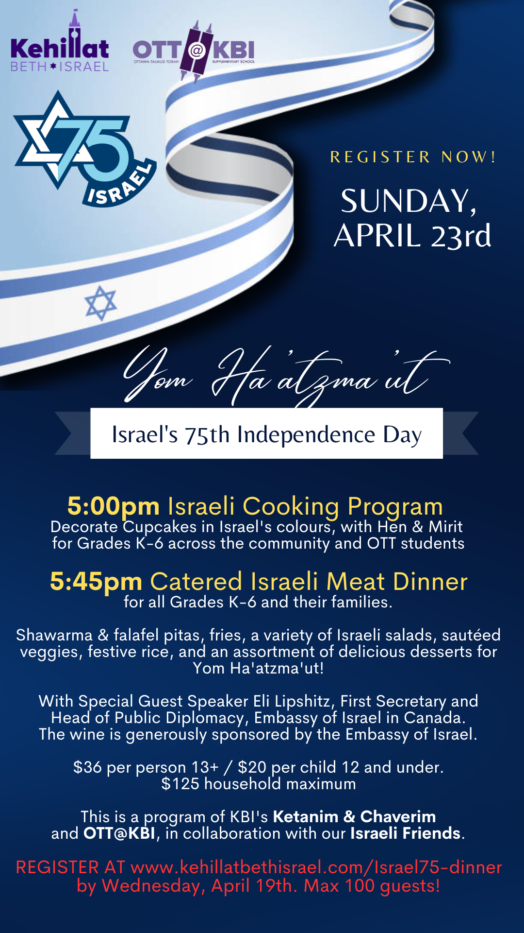 OTT/Ketanim/Chaverim/Israeli Community (Gr. K-6) and their families: Yom Ha'atzma'ut Catered Israeli Dinner & Cooking Program